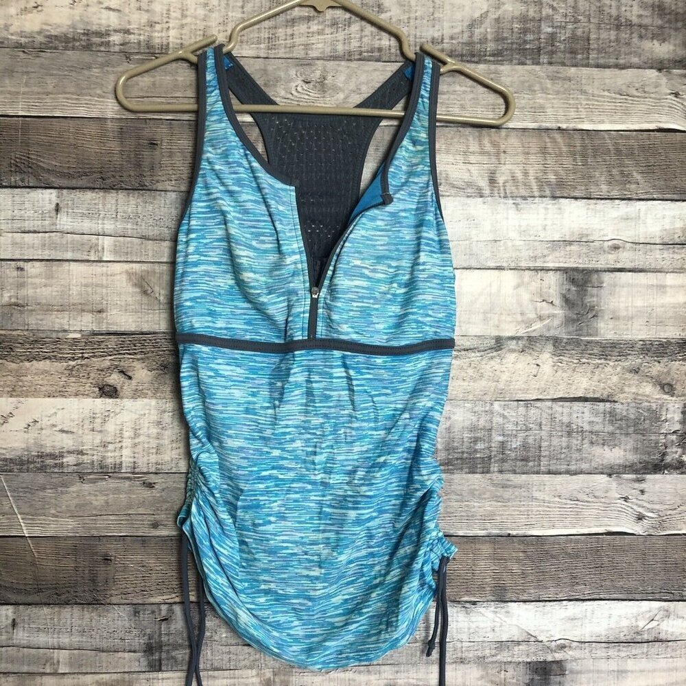 Free Country Women Zip Front Racerback Tankini in Ocean Turquoise/ Slate Grey S